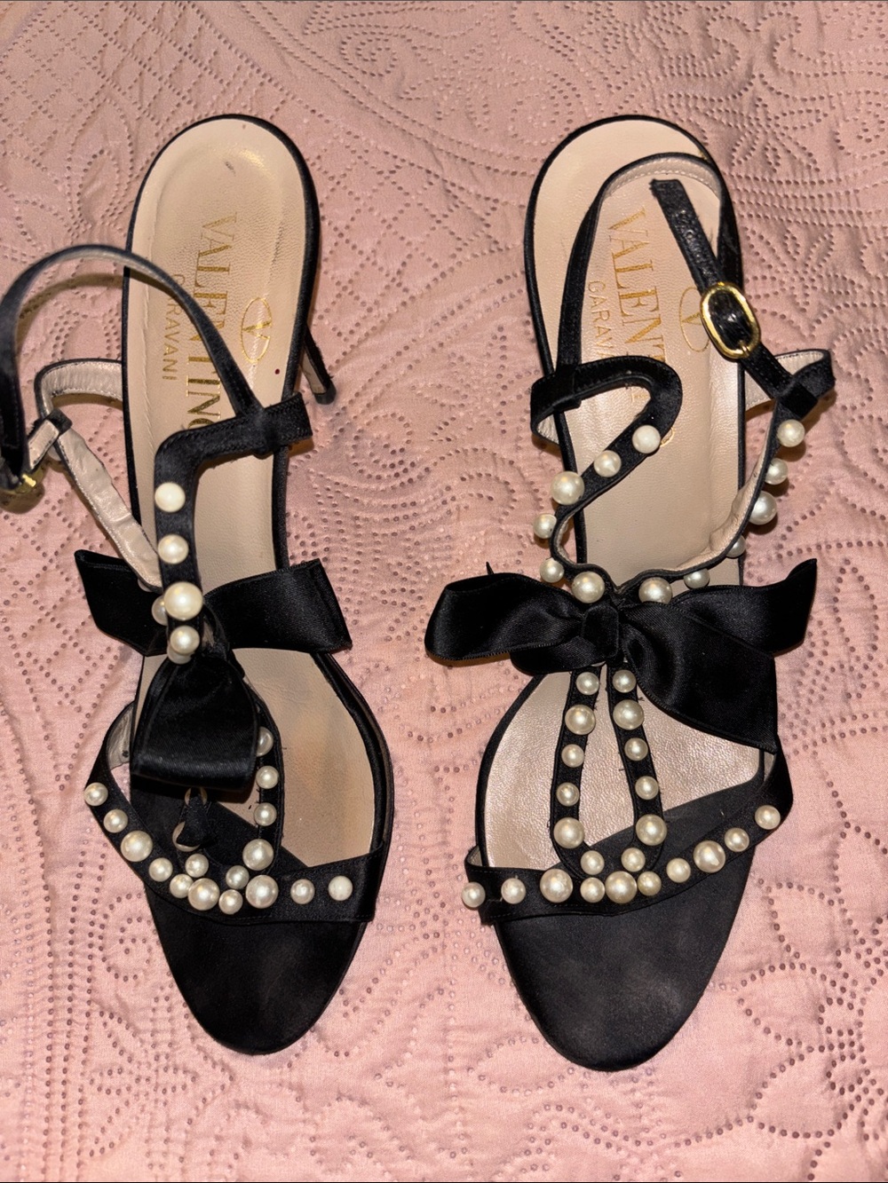 Valentino Black Pearl-Embellished Bow Sling Heels